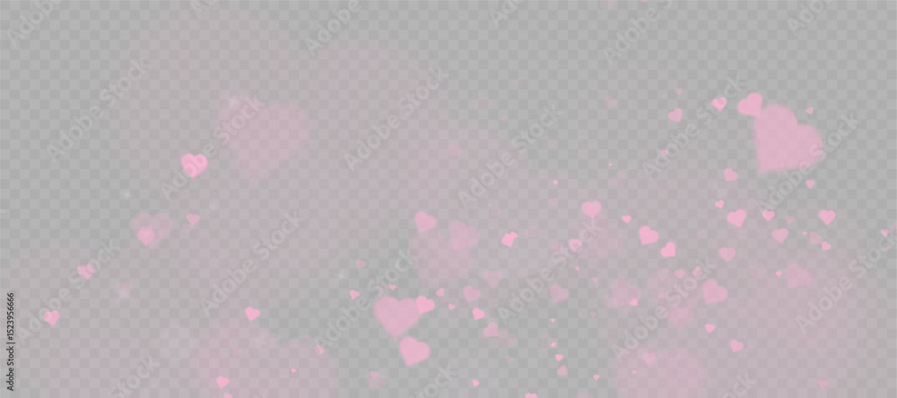 Poster romantic soft pink hearts with bokeh particles and transparent light glow on transparent background.