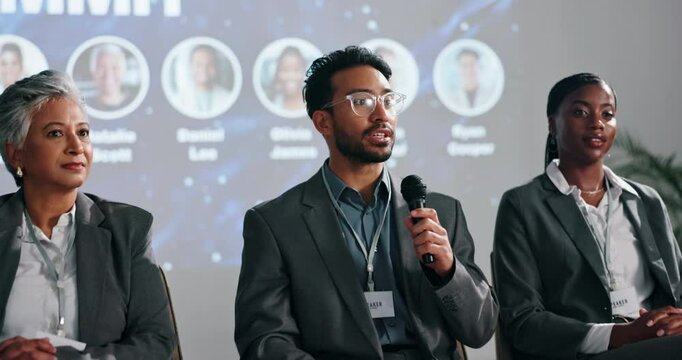 Mic, guest and man in conference speech for climate change, awareness and renewable energy. Speaker, forum and people on stage in panel discussion for sustainability, event or eco friendly convention