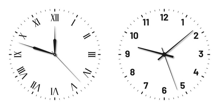 Vintage and modern clock faces with Roman numerals and retro hands. Blank clock dial with hours, minutes, and seconds hands. Victorian clock dial with hands. Roman and modern numbers. Vector