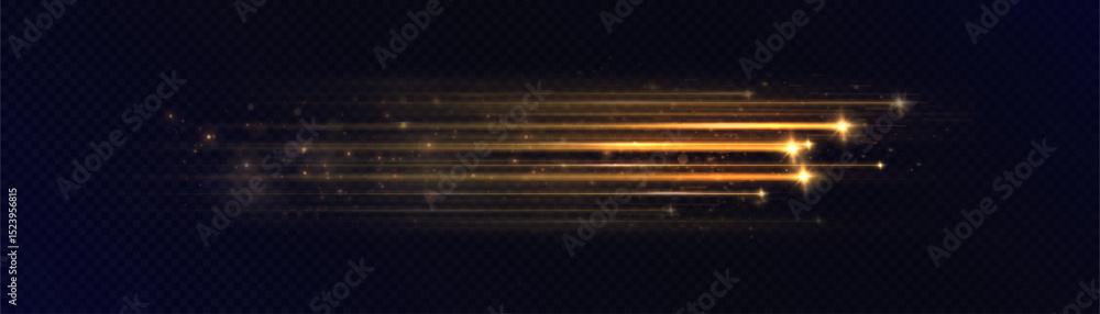 Poster golden horizontal light beams with flashes and sparks on transparent background. energy of movement 
