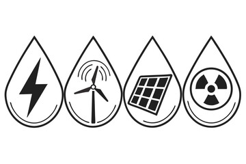 Four energy sources in water drops electricity wind solar and nuclear