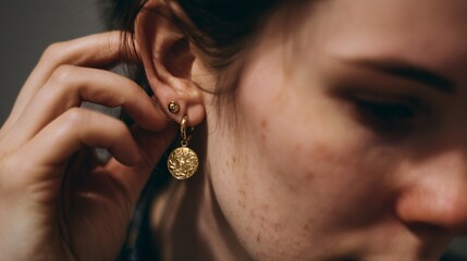 Close-up depicts a hand gently adjusting a golden earring on an ear, showcasing delicate jewelry.