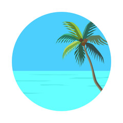 Tropical seascape with tall palm tree, turquoise water and blue sky. Summer travel. Vector illustration in circle for card, sticker, book design.