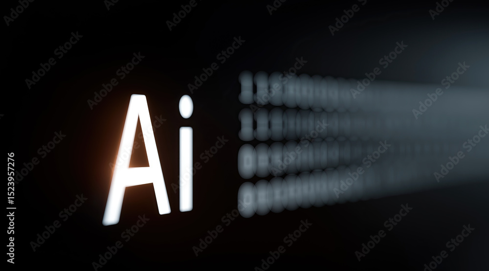 Poster bright artificial intelligence symbol emerges from darkness with sophisticated technological backgro
