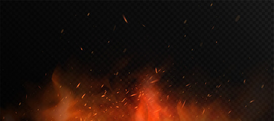 Fiery sparks and glowing embers swirling upward with soft smoke on a transparent backdrop.

