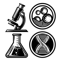 Science lab equipment icons microscope erlenmeyer flask cells dna