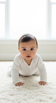 Adorable Baby Crawling on Fluffy Rug, Bright Window Light