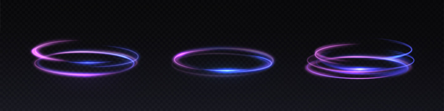 Abstract rotating neon rings with purple-blue glow and acceleration effect. Used for sci-fi interfaces, magic and visual motion effects.