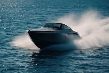 Fototapeta premium Sleek Speedboat Racing Across Sparkling Blue Sea with Frothy Wake