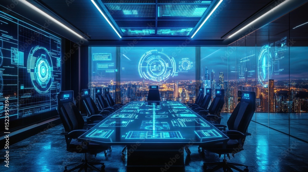 Poster modern technology control room displays vibrant data visualizations and sleek design with advanced s