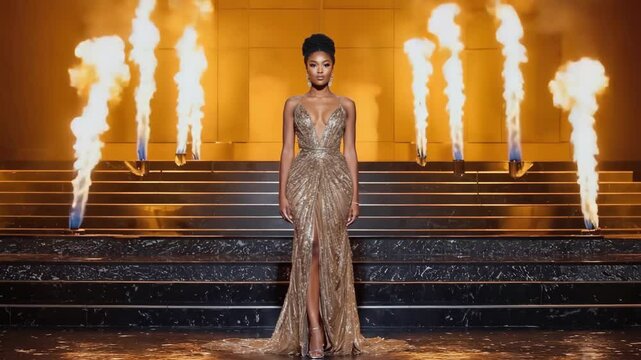 A young Black woman stands confidently on a staircase, wearing a shimmering gold gown. Flames rise on either side, creating a dramatic atmosphere.