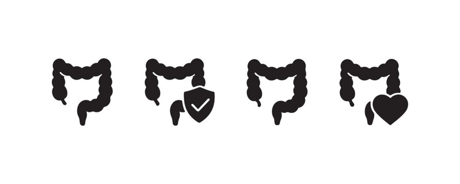 Healthy colon icons: wellness, protection, care, heart health symbols.