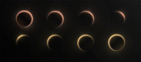 Set of solar eclipse phases with gold and red highlights on transparent background. Suitable for space, astronomy and scientific illustrations.