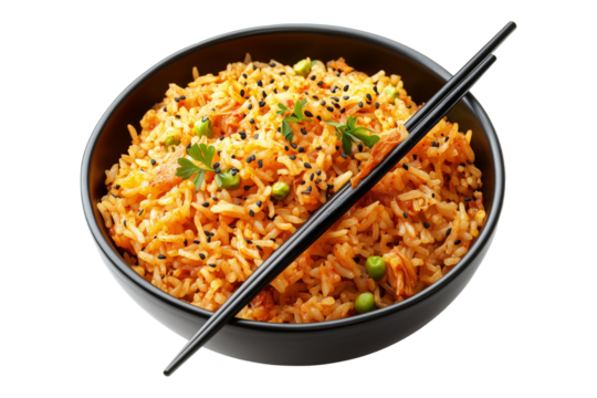 Spicy cooked kimchi fried rice topped with scallions and sesame seeds in black bowl with chopstick, isolated on white transparent background, concept of Asian cuisine
