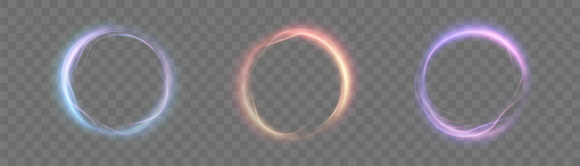 Set of glowing rings with neon outlines and glow effect on transparent background.