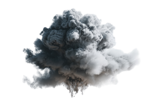 Dramatic dark grey smoke cloud isolated on detailed 3d render of a realistic smoke plume for compositing visual effects and design projects high on transparent background air art