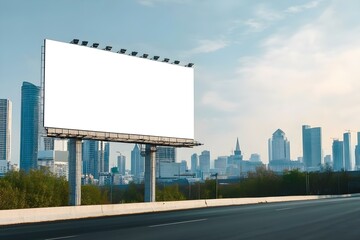 Fototapeta premium Large Blank Billboard on Road with City View Background for High-Visibility Urban Advertising