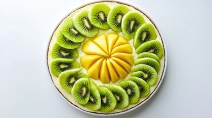 No-bake cheesecake topped with kiwi and mango slices, shown from above on a white background