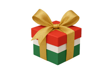 Fototapeta premium Gift of festive elegance: A vibrant gift box wrapped with a golden bow, presented on an elegant backdrop. A symbol of joy, festivity, and anticipation.
