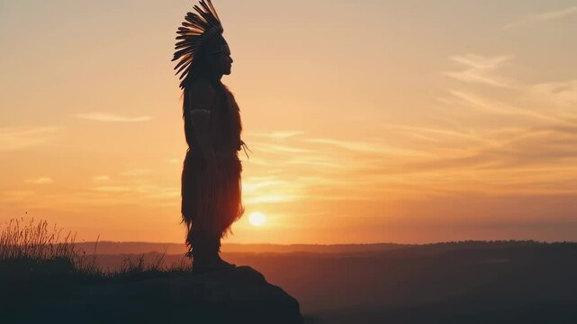 A man in native american headdress standing on a hill during a golden sunset, traditional culture concept, historical footage.