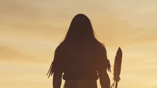 Man silhouette standing on a hill with a spear at sunset. Ancient warrior or hunter watching horizon. Primitive life concept footage.