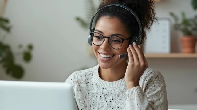 African american woman in headset with microphone using laptop for online work or video call. Remote support and assistance.