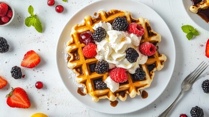 Plate with waffles, whipped cream, and fruit toppings, centered on a white studio backdrop