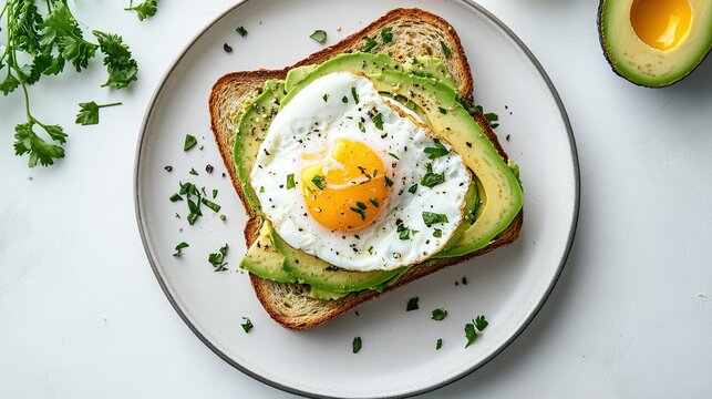 Plate with avocado toast topped with poached egg and herbs, centered on a clean white background