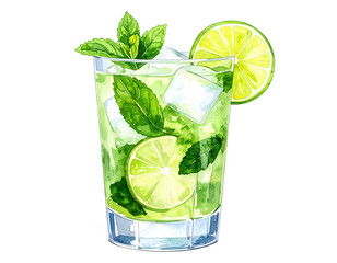 Watercolor illustration of a refreshing Mojito cocktail with mint and lime. Cocktail drink watercolor illustration on transparent background.