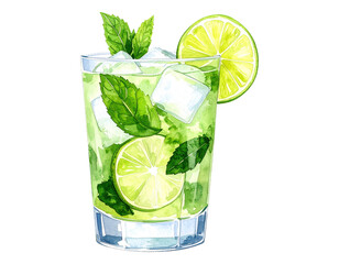 Watercolor illustration of a refreshing Mojito cocktail with mint and lime. Cocktail drink watercolor illustration on transparent background.