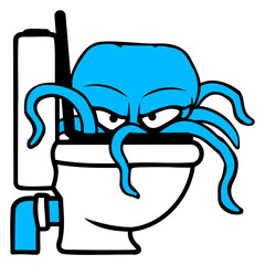 Octopus inside toilet bowl flush evil dangerous Isolated Vector Graphic Design Illustration
