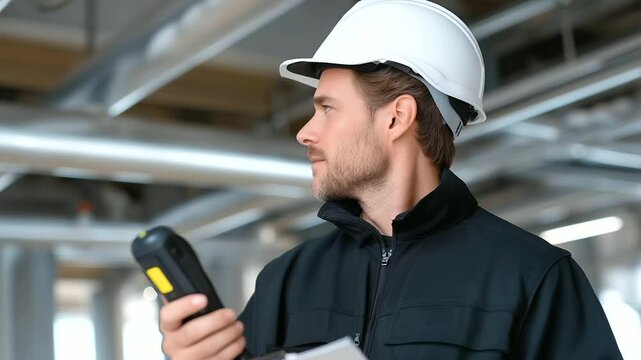 Inspector using thermal scanner to check industrial pipes for leaks