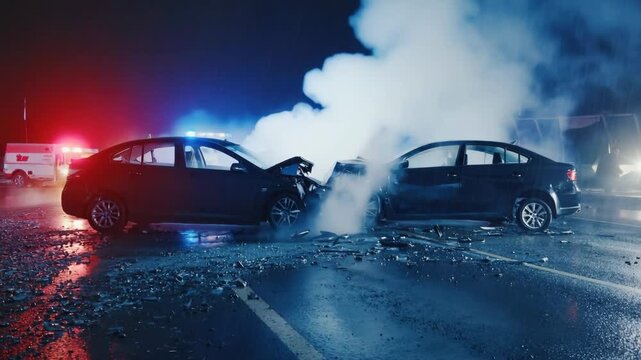 Two cars involved in a collision on a rainy night. Emergency lights flash in the background. Smoke rises from the wreckage, creating a dramatic scene.