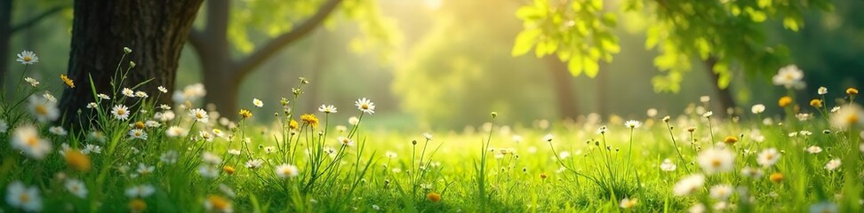 Sunlight dapples a tranquil branch-filled meadow, wildflowers blooming amidst lush green grass and gently swaying branches Perfect for nature, spring, or idyllic scenes , tranquil, wildflowers