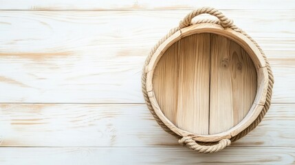 Fototapeta premium Top-down view of a wooden birch bucket with jute rope handles on a light wooden background