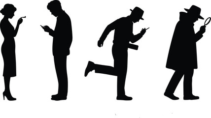 Silhouette Mystery Characters: Detective, Spy, Runner, and Sleuth in Action for Noir-Themed Design
