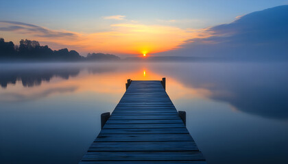 Fototapeta premium A straight flat simplistic rectangular lake dock, beautiful sunrise, foggy, calm water