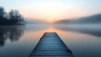 Fototapeta premium A straight flat simplistic rectangular lake dock, beautiful sunrise, foggy, calm water