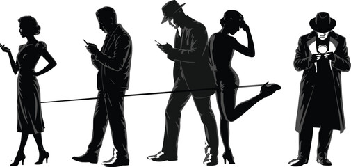 Silhouette Gangster Era Characters: Detective, Spy, Femme Fatale, and Photographer in Noir-Themed Action