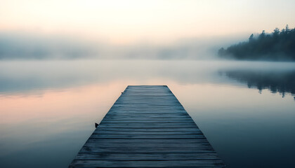 A straight flat simplistic rectangular lake dock, beautiful sunrise, foggy, calm water