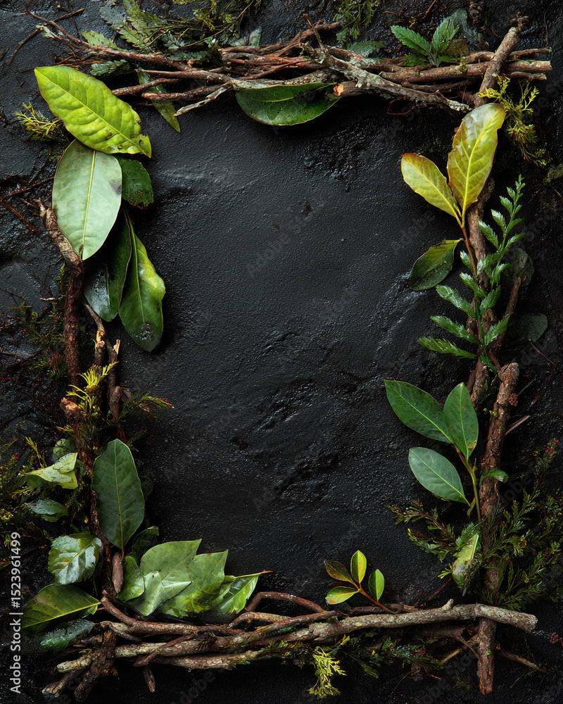 Poster a dark textured background framed with branches leaves and moss creating a natural border effect