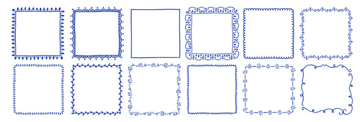 Set of line frames with wavy, curly edges. Ornaments, patterns. Doodle, cute retro borders. Design for card, invitation, cover, packaging. La dolce vita style.