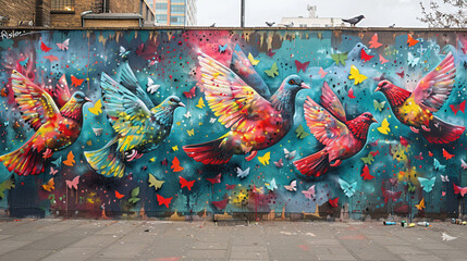 Vibrant Peace Doves Mural on City Wall