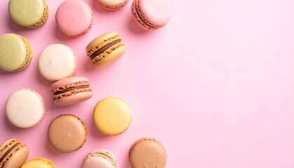 Fototapeta premium Delightful, colorful macarons in a top-down view against a vibrant light pink background. Ideal for sweet treats, bakery promotions, and summer-themed designs with ample copy space.