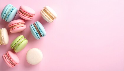 Obraz premium Delightful, colorful macarons in a top-down view against a vibrant light pink background. Ideal for sweet treats, bakery promotions, and summer-themed designs with ample copy space.