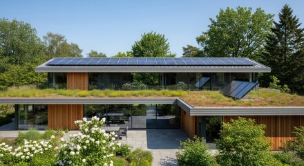 Fototapeta premium Modern house with a green roof and solar panels.
