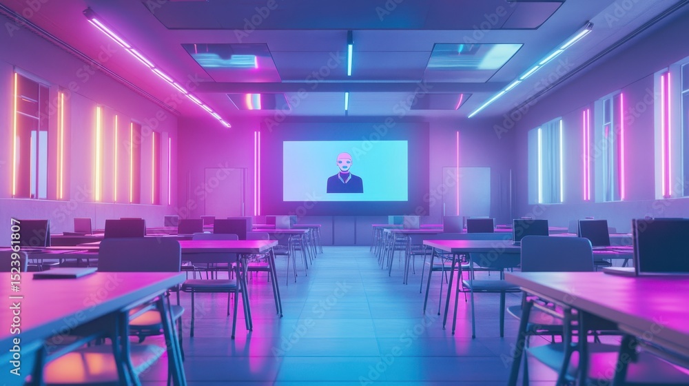 Poster students engage in a high-tech classroom with digital displays showcasing educational content and in