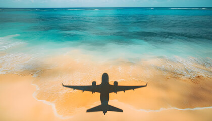 Travel concept. Airplane shadow on a tropical beach. Summer vacation in exotic location banner. Holidays by plane background