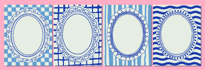 Set of colorful frames with wavy edges. Ornaments, patterns. Doodle, cute retro borders. Design for card, invitation, cover, packaging. La dolce vita style. Sticker. Quote box. Logo. 
