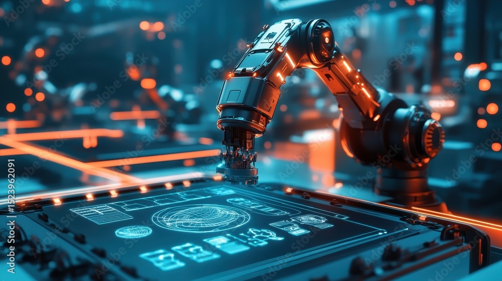 Poster futuristic technology showcases drones and a compact transport module in a high-tech environment